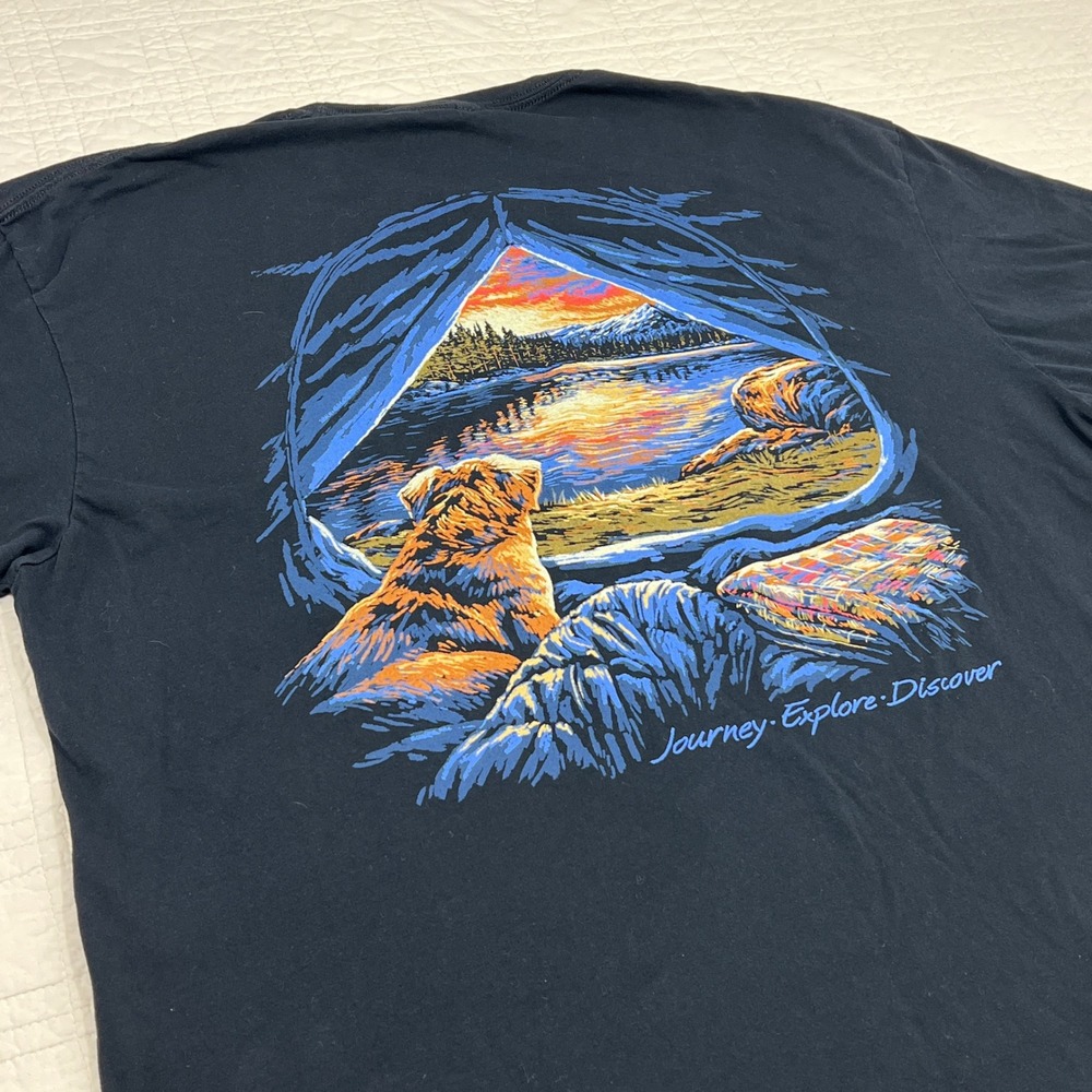 Jedco Mens XXL Black Graphic T-Shirt Journey Explore Discover Dog Camping Tent